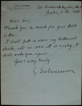 Letter from Salvemini to Bertie M. Headicar, Dec 1926
