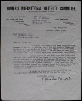 Letter from E Sylvia Pankhurst to Hugh Franklin, 1936